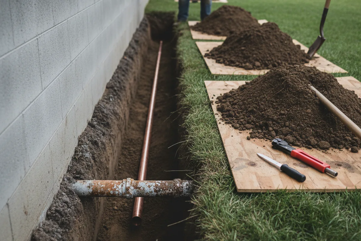 Excavated water line trench during Sewer Line Repair in Lake Katrine